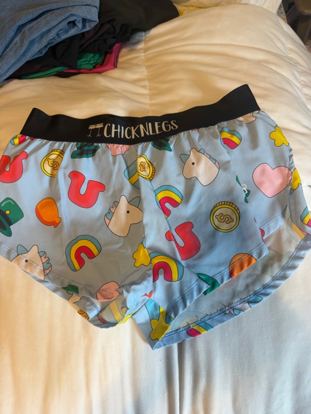 Chicknlegs Women’s Light Blue Unicorn Print Athletic Shorts